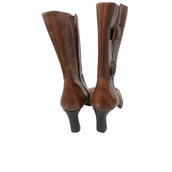 Vintage Y2K Bandolino 10 Brown Leather Square Toe Buckle Chunky Boot Minimalist - Picture 2 of 7